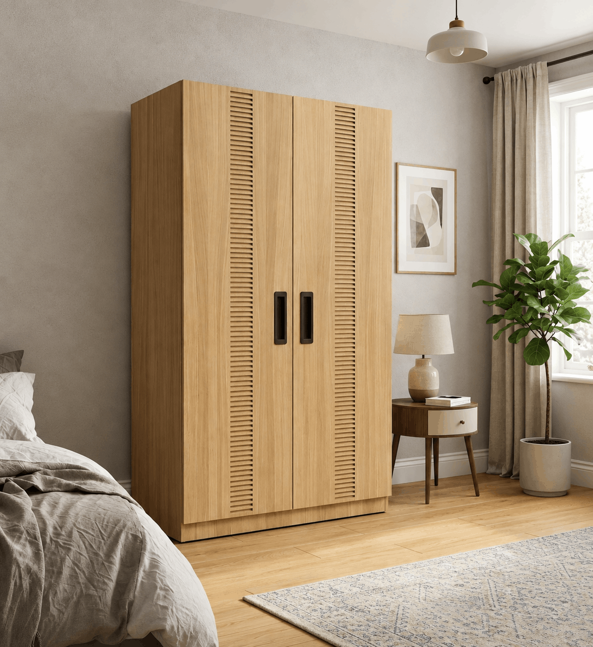 Modern Design 2 Door Wardrobe with Drawers – Honey Oak with Chocolate Accents