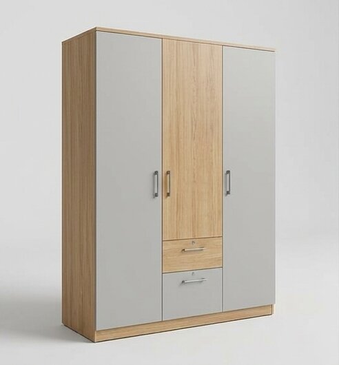 Modern Design 3 Door Wardrobe with Drawers – Grey & Woody Cream