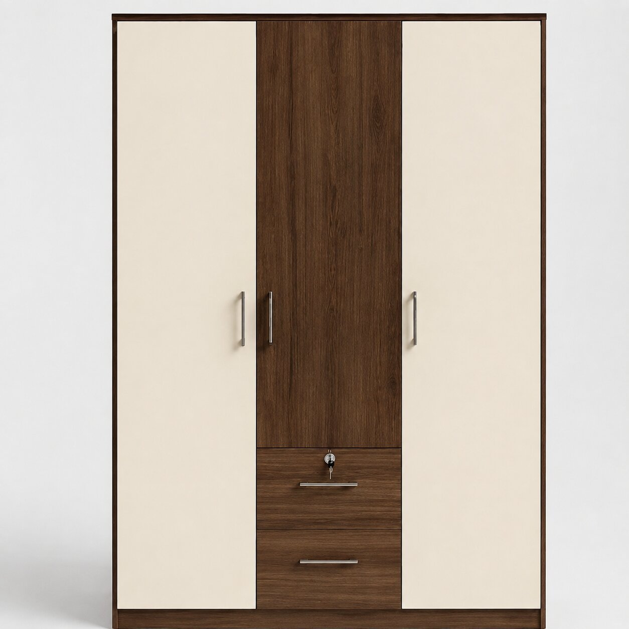 Modern Design 3 Door Wardrobe with Drawers – Cream & Walnut