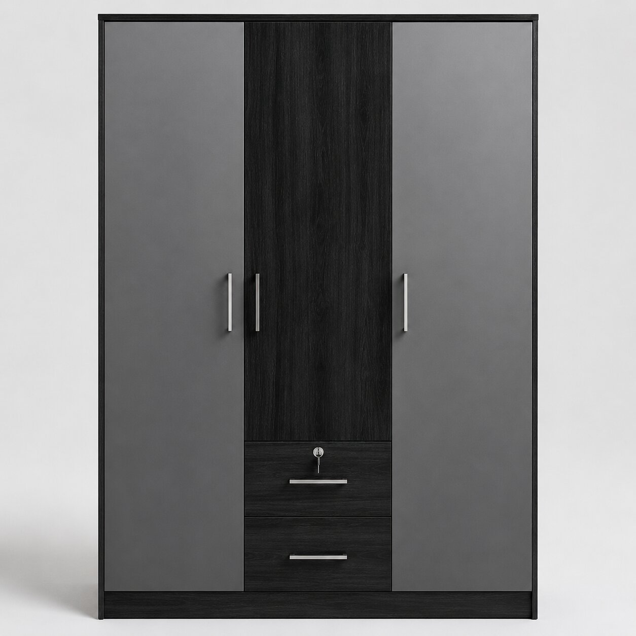 Modern Design 3 Door Wardrobe with Drawers – Grey & Dark Finish