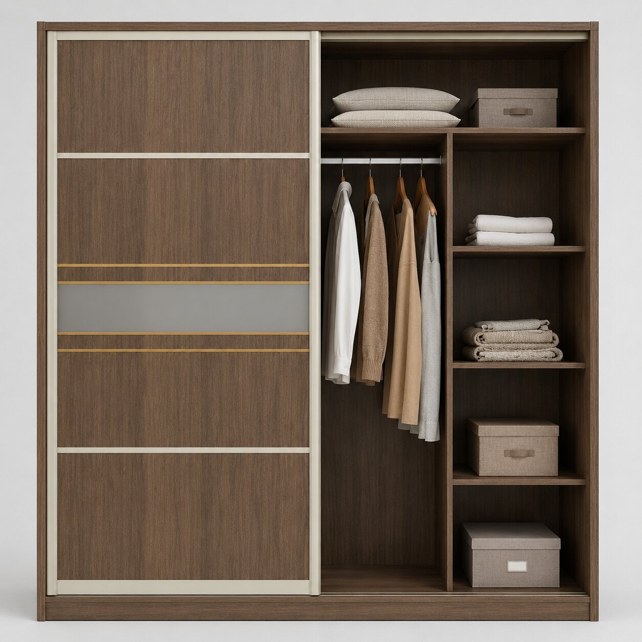 Sliding Door Wardrobe – Warm Brown Wood Finish with Taupe Undertone