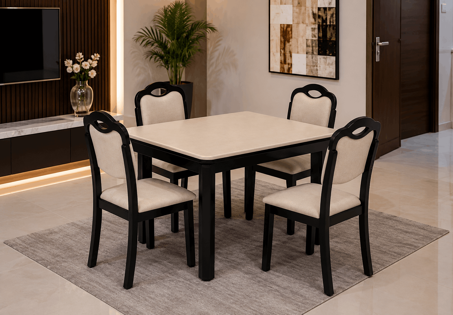 Woodsman Marble Dining Set: Matte Black & Warm Ivory