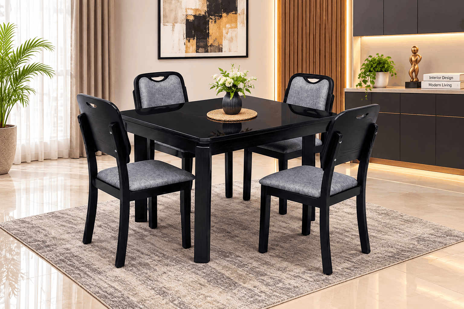 Woodsman Marble Dining Set: Matte Black & Charcoal Grey