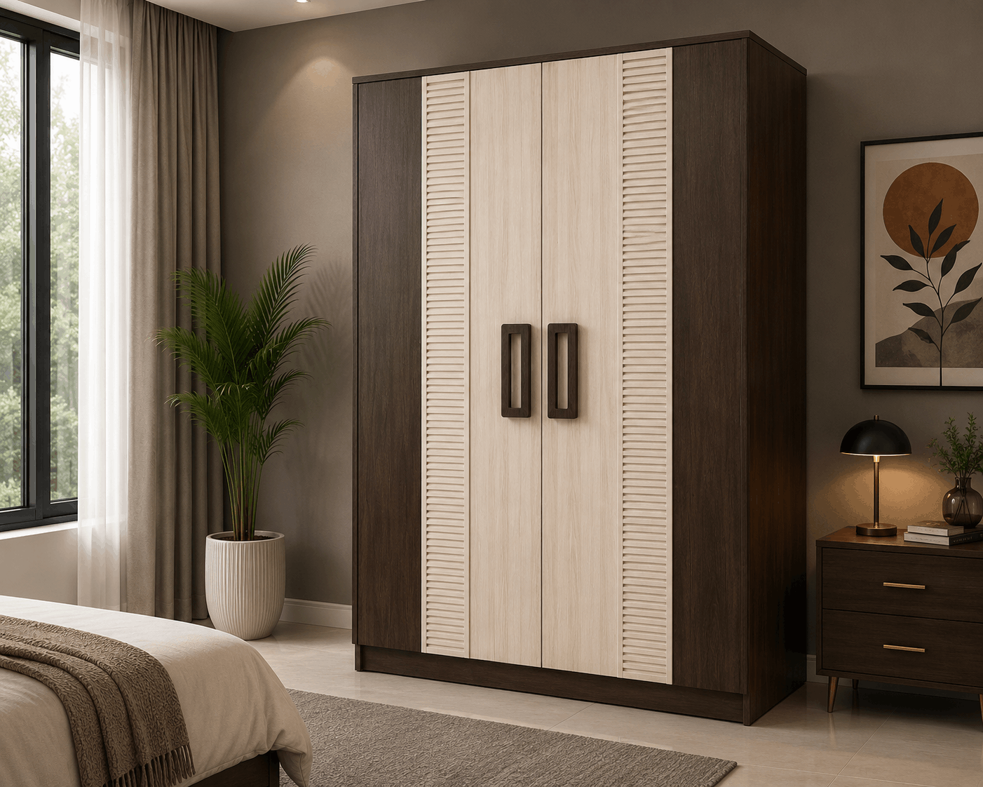 Modern Design 2 Door Wardrobe with Drawers – Dark Walnut & Beige Textured Finish