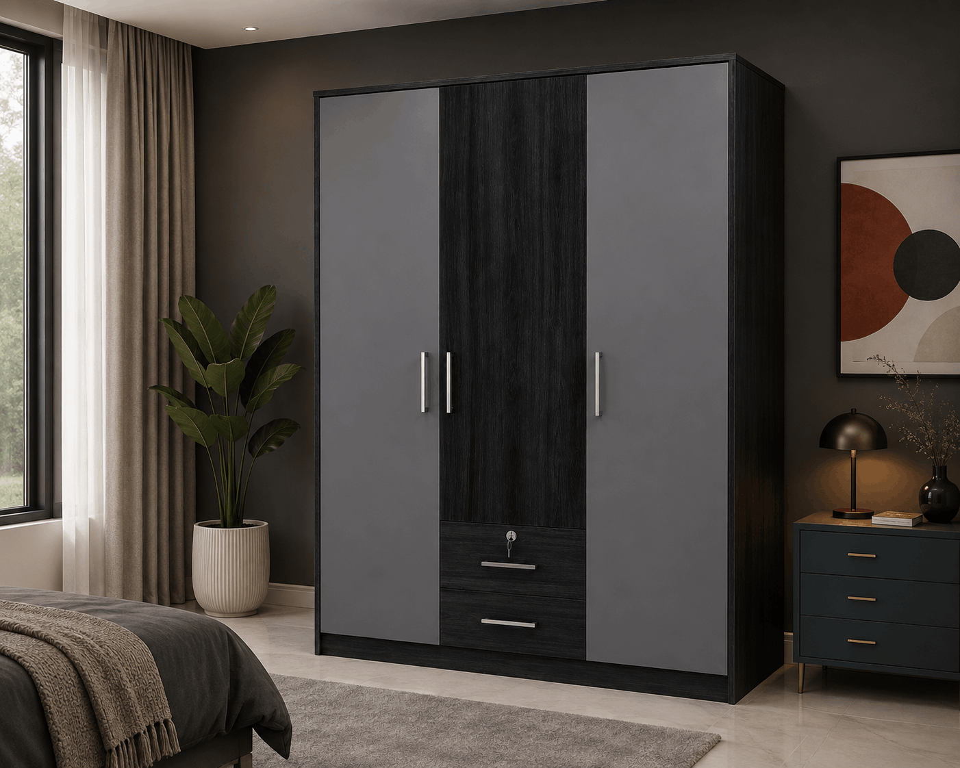 Modern Design 3 Door Wardrobe with Drawers – Grey & Dark Finish