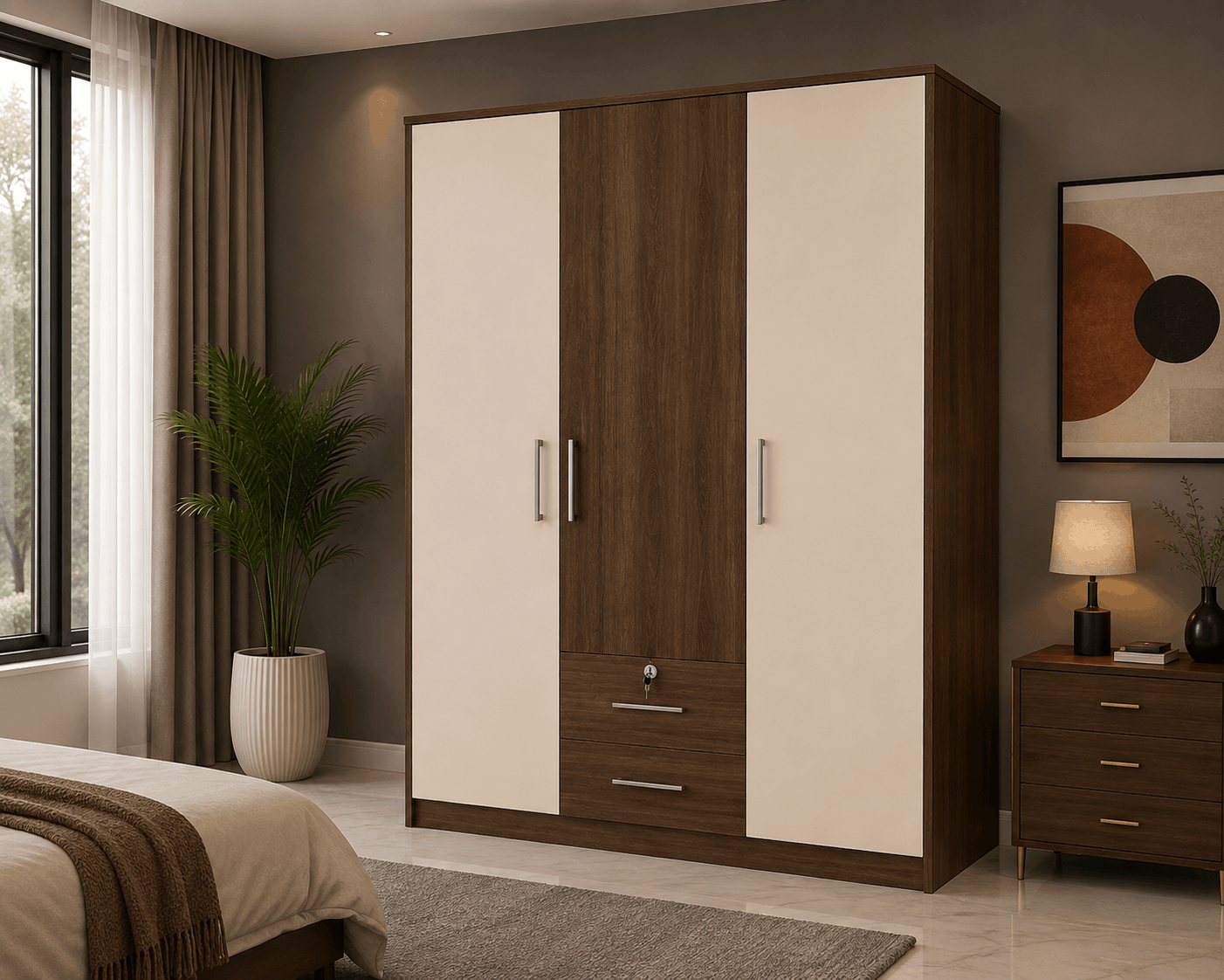 Modern Design 3 Door Wardrobe with Drawers – Cream & Walnut