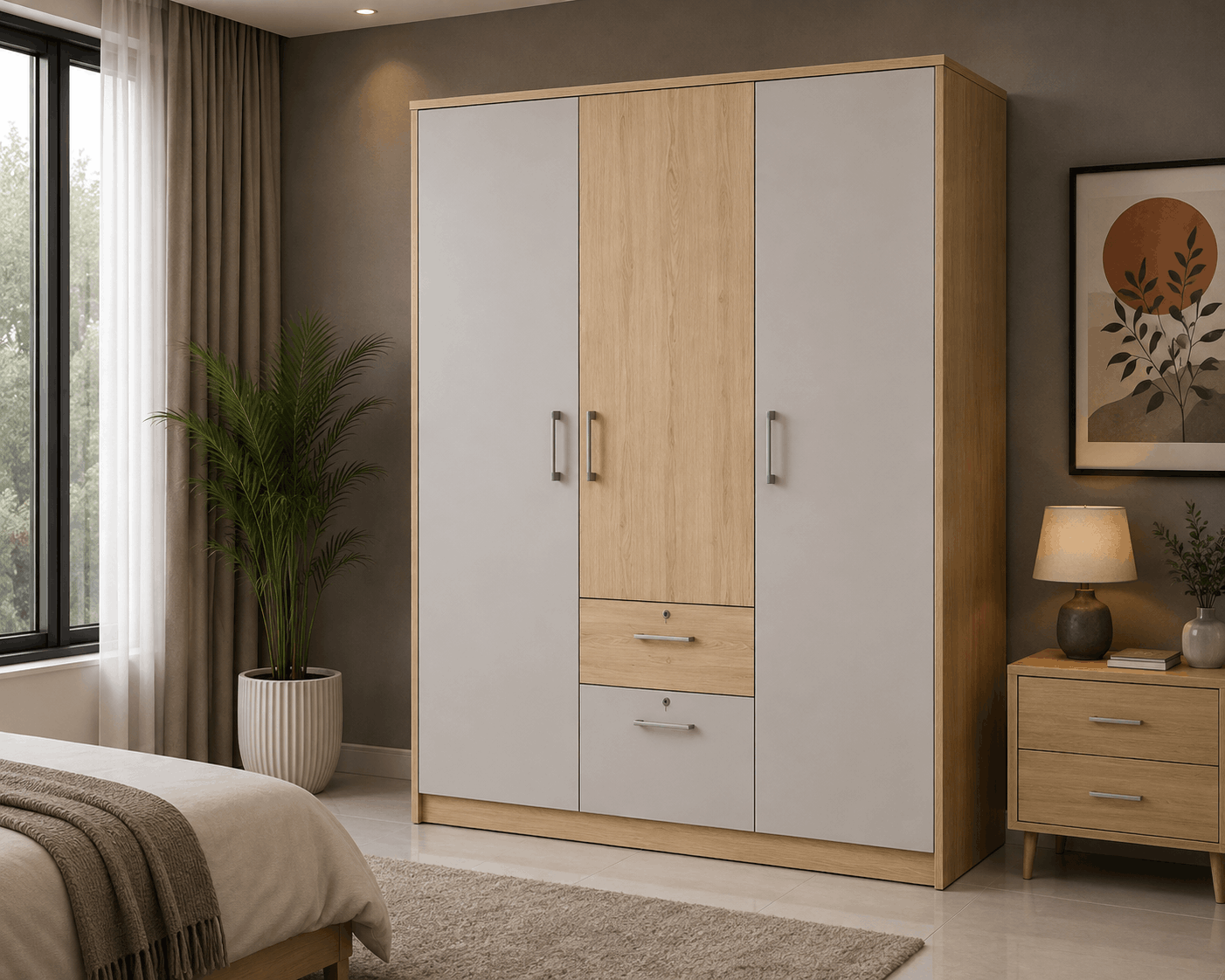 Modern Design 3 Door Wardrobe with Drawers – Grey & Woody Cream