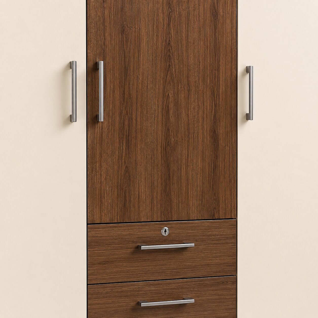 Modern Design 3 Door Wardrobe with Drawers – Cream & Walnut