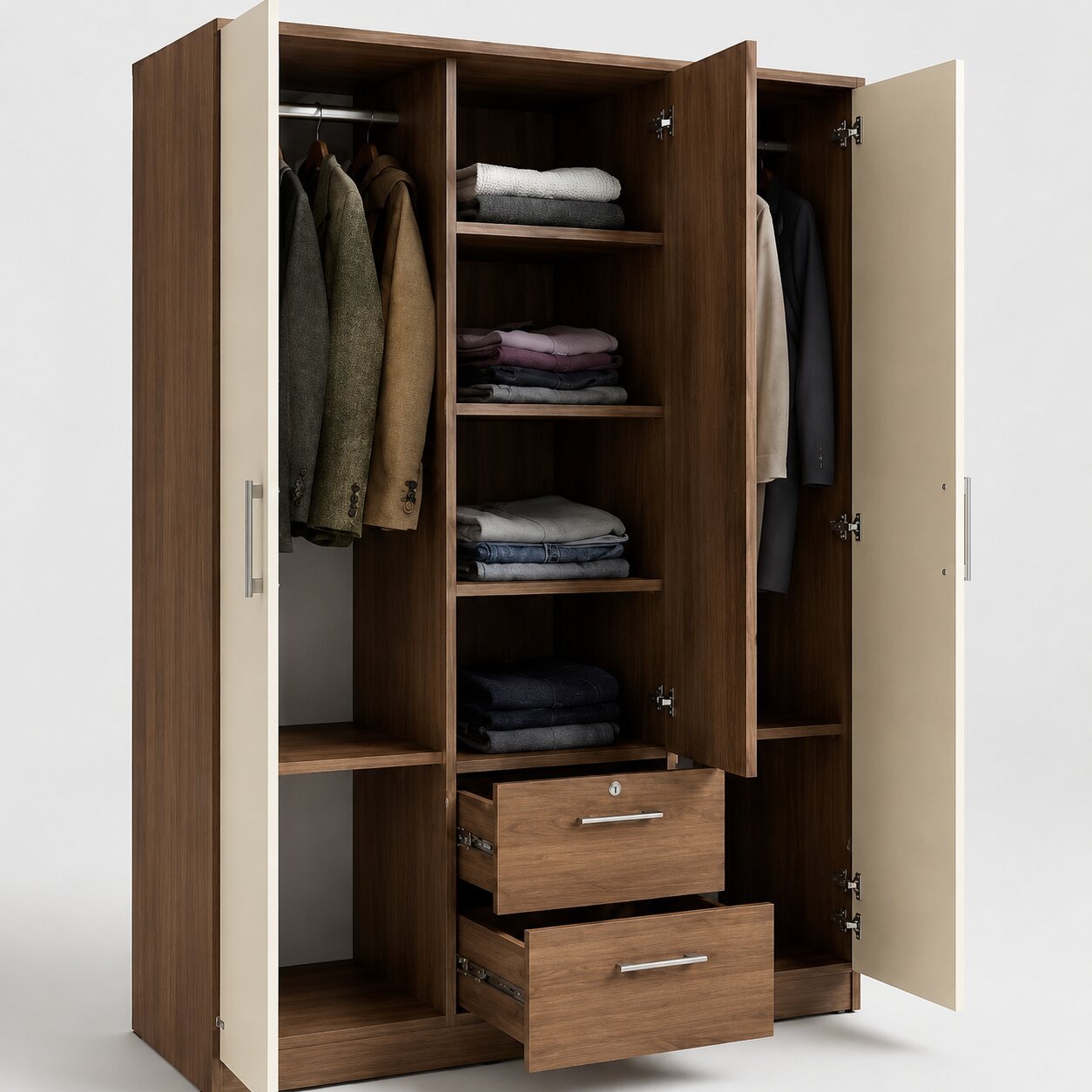Modern Design 3 Door Wardrobe with Drawers – Cream & Walnut